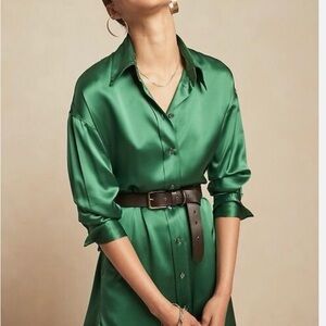 Banana Republic Emerald Green Satin Shirt Dress